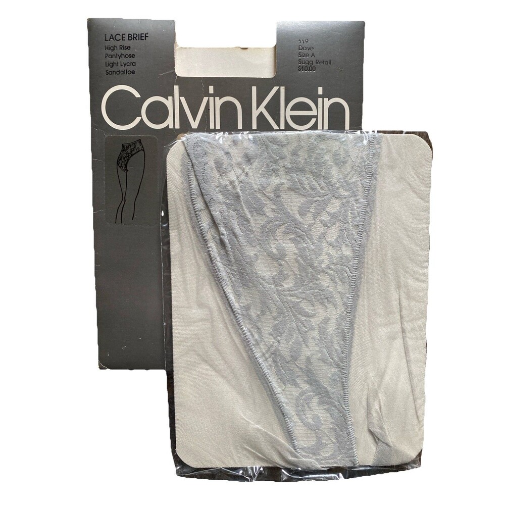 VTG 80s Calvin Klein Lace Brief High Rise Pantyhose Sandaltoe Size A - Dove Gray
